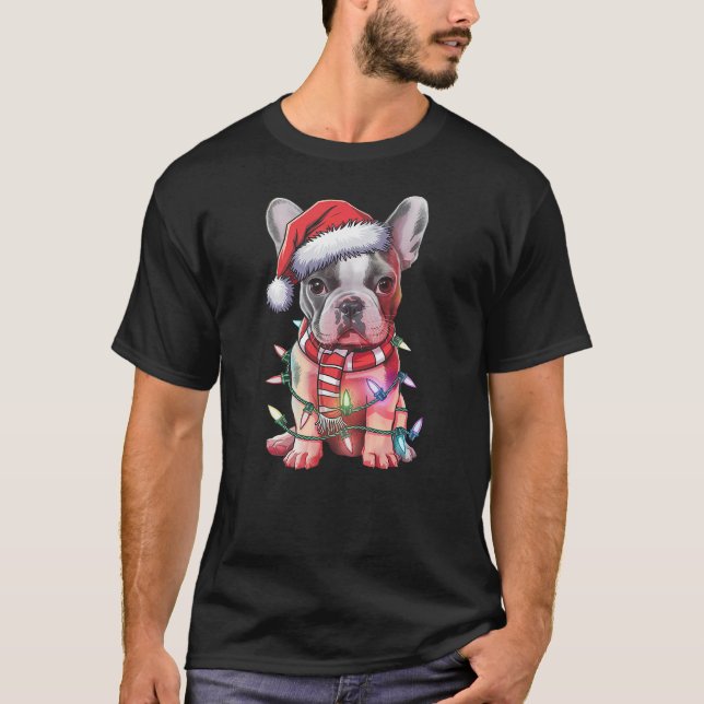 Christmas Lights French Bulldog Santa Hat Funny Do T Shirt (Framsida)