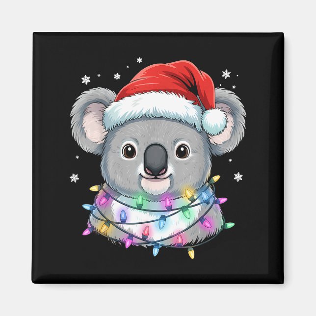 Christmas Lights Koala Santa Hat Cute Xmas Pajamas Magnet (Framsidan)