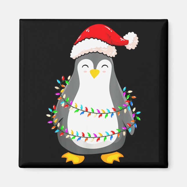 Christmas Lights Penguin Wearing Xmas Hat - Pengui Magnet (Framsidan)