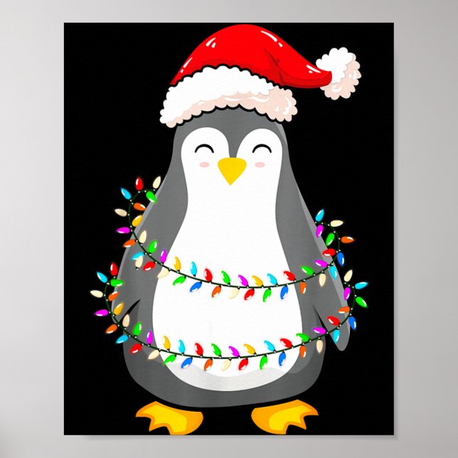 Christmas Lights Penguin Wearing Xmas Hat - Pengui Poster (Framsidan)