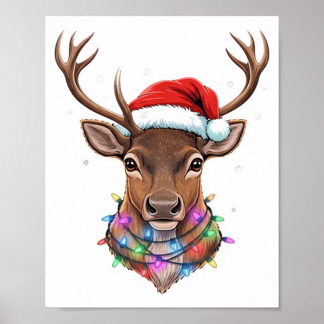 Christmas Lights Reindeer Santa Hat Cute Xmas Paja Poster (Framsidan)