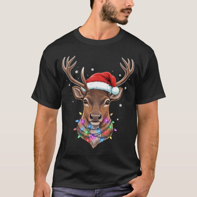 Christmas Lights Reindeer Santa Hat Cute Xmas Paja T Shirt (Framsida)