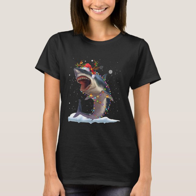 Christmas Lights Shark   Santa Hat Xmas Family T Shirt (Framsida)