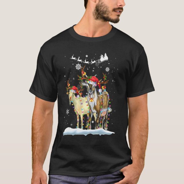 Christmas Lights  Xmas Santa Hat Goat Animals T Shirt (Framsida)