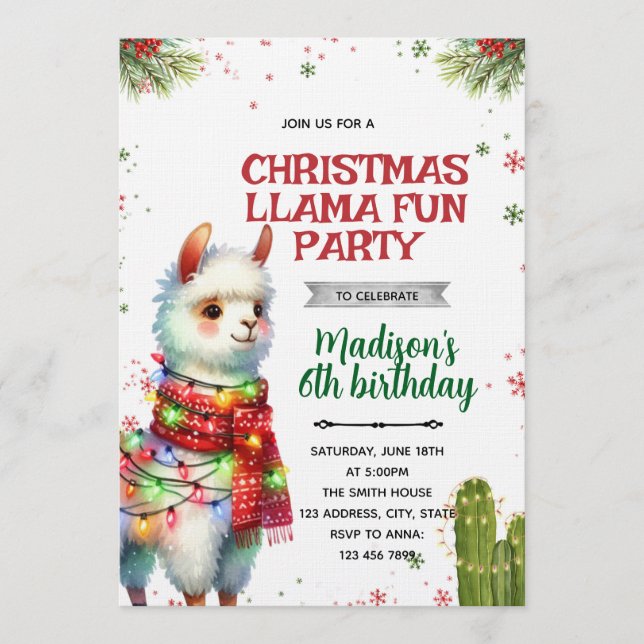Christmas Llama Birthday Invitation Inbjudningar (Framsida)