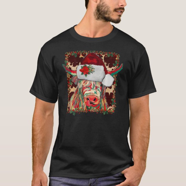 Christmas Longhorn Cow cute  Christmas Western On  T Shirt (Framsida)
