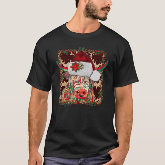 Christmas Longhorn Cow Cute  Christmas Western T Shirt (Framsida)