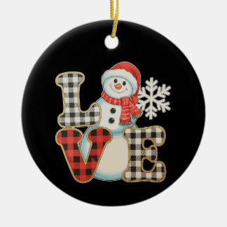 Christmas Love Cute Snowman Buffalo Plaid Winter Julgransprydnad Keramik