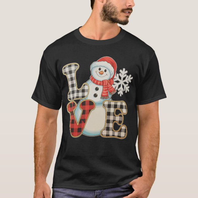Christmas Love Cute Snowman Buffalo Plaid Winter T Shirt (Framsida)