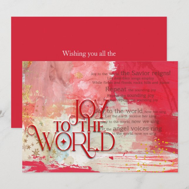 Christmas lyrics Joy To The World Red and Gold Julkort (Fram/baksida)