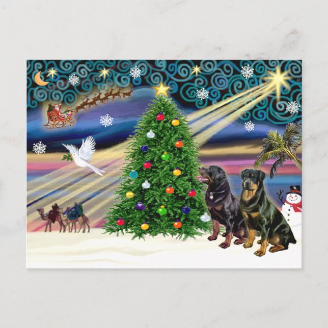 Christmas Magic Rottweilers (två) Helg Vykort (Framsida)