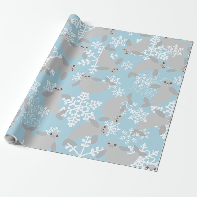 Christmas manatee vinterblå snöflingor presentpapper (Utrullad)