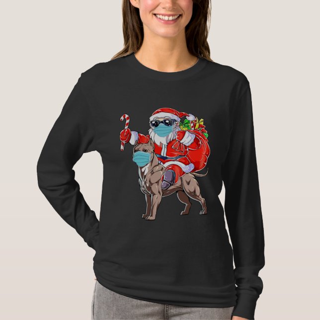 Christmas Mask Santa Riding Pitbull Xmas Boys Dog T Shirt (Framsida)