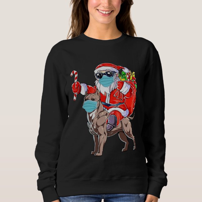 Christmas Mask Santa Riding Pitbull Xmas Boys Dog T Shirt (Framsida)