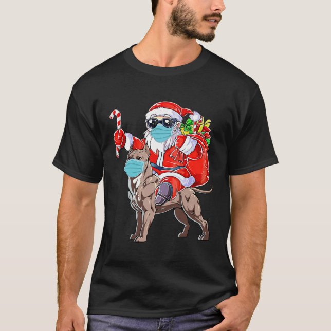 Christmas Mask Santa Riding Pitbull Xmas Boys Dog T Shirt (Framsida)