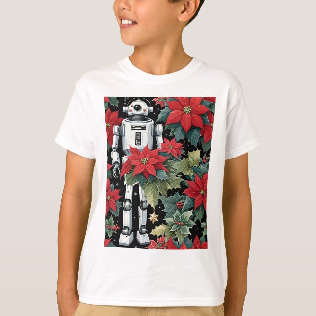 Christmas Mech Robot With Poinsettias T Shirt (Framsida)