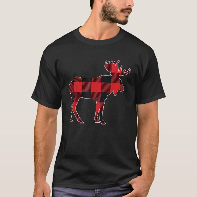 Christmas Men Kids Boys Moose Red Buffalo Plaid  T Shirt (Framsida)
