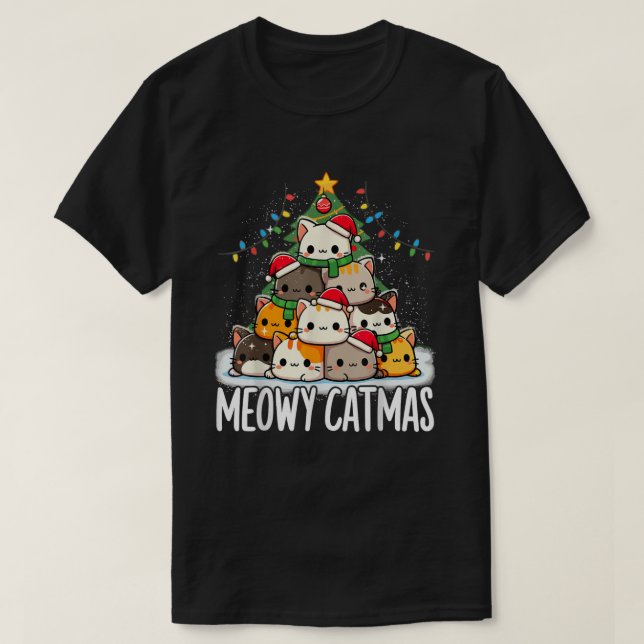 Christmas Meowy Catmas Tree Xmas Cat T Shirt (Design framsida)
