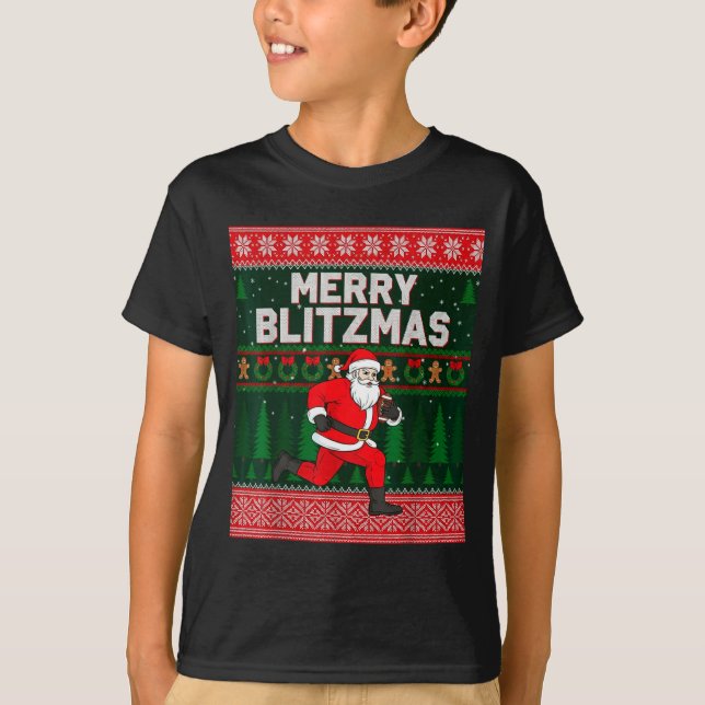 Christmas Merry Blitzmas Santa Football Ugly Sweat T Shirt (Framsida)