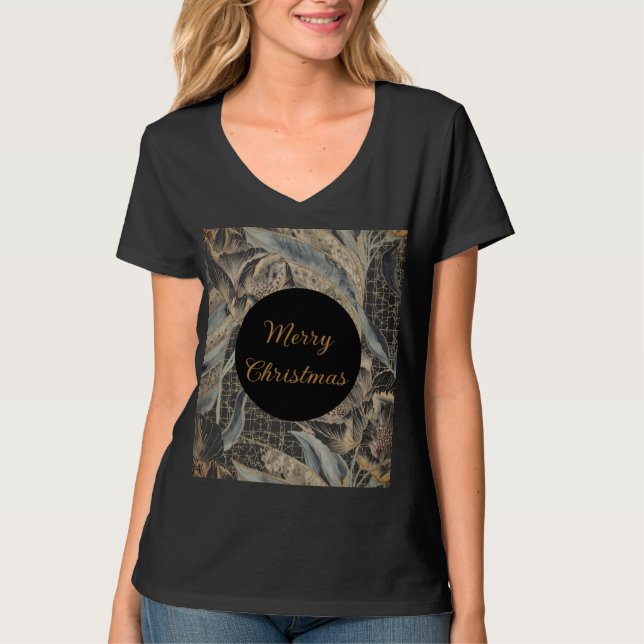 Christmas,Merry Christmas,Gold Blue Flowers Leaver T Shirt (Framsida)