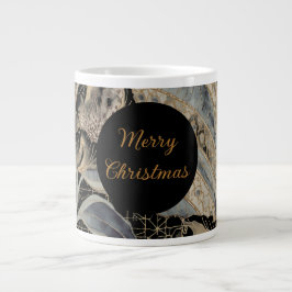 Christmas,Merry Christmas,Gold Blue Flowers Leaves Jumbo Mugg