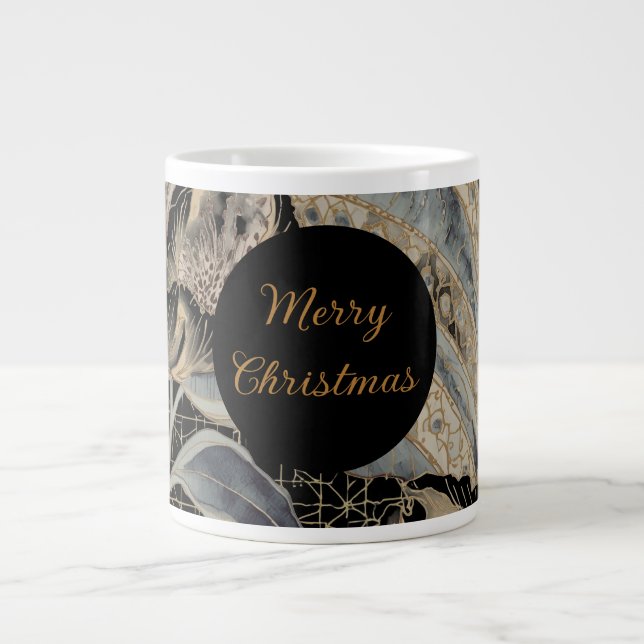 Christmas,Merry Christmas,Gold Blue Flowers Leaves Jumbo Mugg (Framsidan)