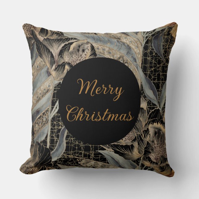 Christmas,Merry Christmas,Gold Blue Flowers Leaves Kudde (Framsida)