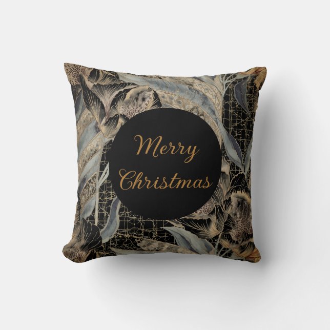 Christmas,Merry Christmas,Gold Blue Flowers Leaves Kudde (Framsida)