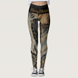 Christmas,Merry Christmas,Gold Blue Flowers Leaves Leggings
