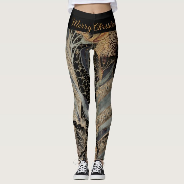 Christmas,Merry Christmas,Gold Blue Flowers Leaves Leggings (Framsida)
