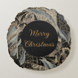 Christmas,Merry Christmas,Gold Blue Flowers Leaves Rund Kudde