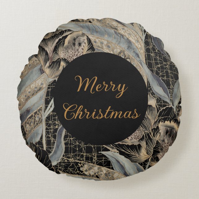 Christmas,Merry Christmas,Gold Blue Flowers Leaves Rund Kudde (Framsidan)