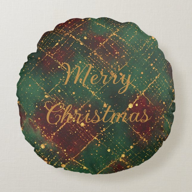 Christmas, Merry Christmas, Gold Red Green Pattern Rund Kudde (Framsidan)
