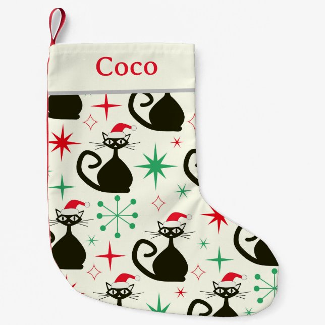 Christmas Mid Century Retro Atomic Cats Name  Liten Julstrumpa (Framsidan)