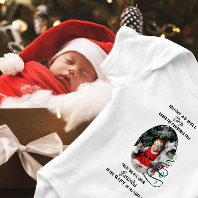 Christmas Might Sleep Under Tree Baby First Xmas T Shirt (Christmas Might As Well Sleep Under The Christmas Tree Cute Photo Baby First Xmas Baby Bodysuit)