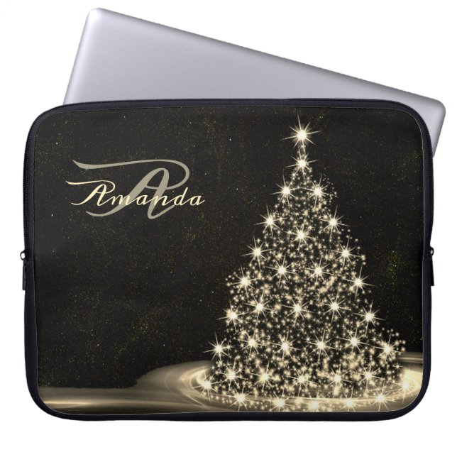 Christmas Monogram Golden Shiny Tree Winter Black Laptop Fodral (Framsidan)