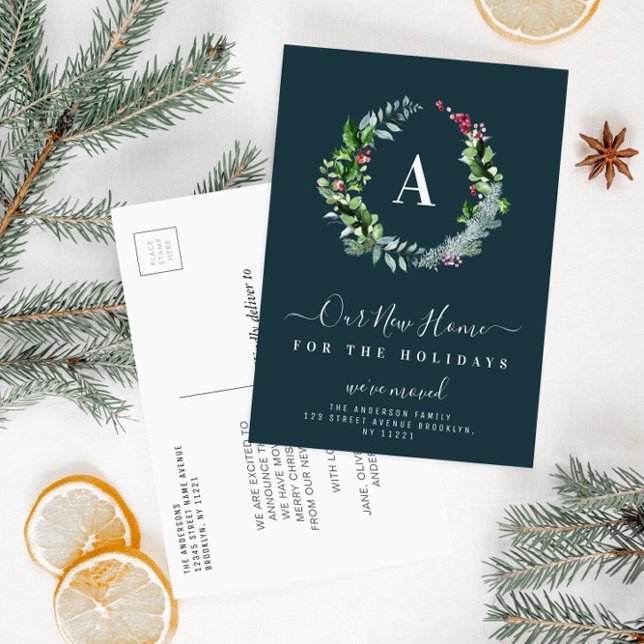Christmas monogram-meddelande om flytta vykort (Skapare uppladdad)