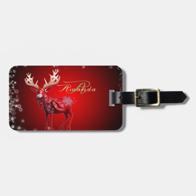 Christmas Monogram Red Reindeer Winter Holidays Bagagebricka (Horisontell Framsida)