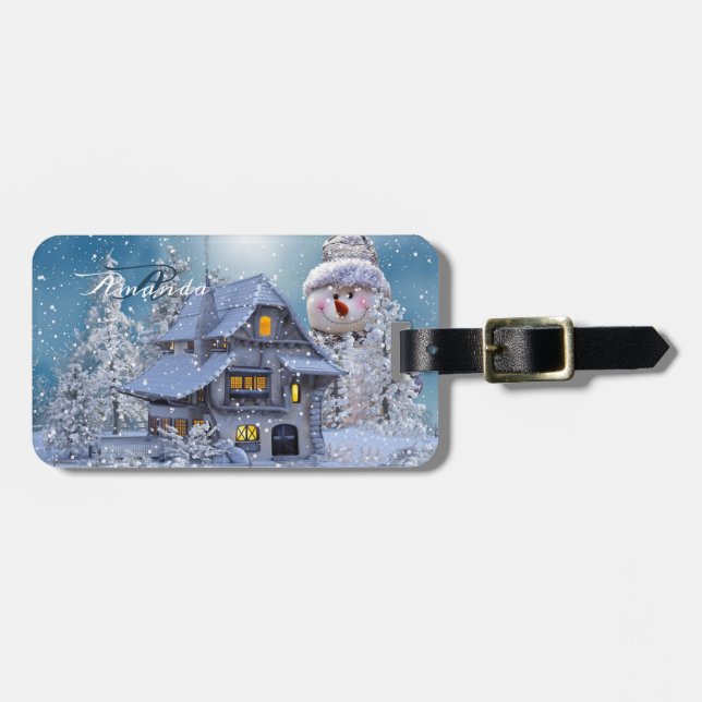 Christmas Monogram Winter White Snowman Blue Bagagebricka (Horisontell Framsida)
