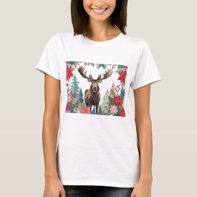 Christmas Moose And Poinsettias T Shirt (Framsida)