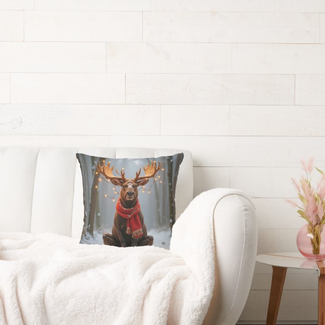 Christmas Moose Wearing Scarf and Lights Kudde (Soffa)