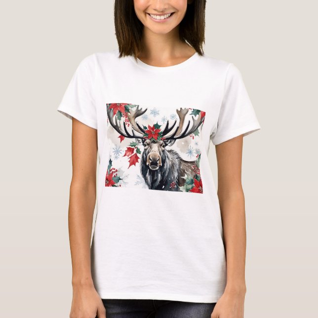 Christmas Moose With Big Antlers And Poinsettias T Shirt (Framsida)