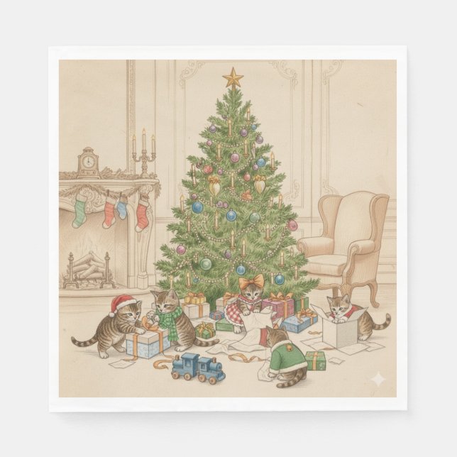 Christmas Morning for the Kittens Napkins Pappersservett (Framsidan)