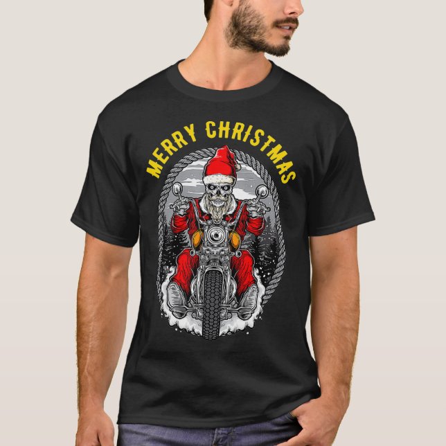 Christmas Motorcycle Santa Claus Biker Rider Skull T Shirt (Framsida)