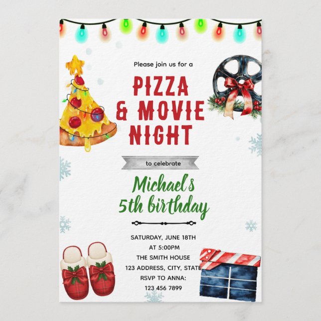 Christmas Movie Pizza and Pajama Party Invitation Inbjudningar (Framsida)