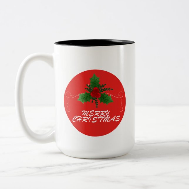Christmas Mug – Merry Christmas Holly Design | Fes Två-Tonad Mugg (Vänster)