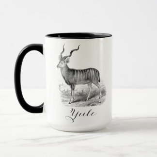 Christmas mug with antique deer etching says Yule. Mugg