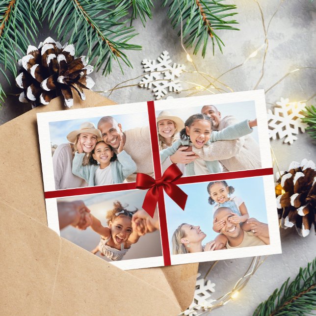 CHRISTMAS MULTI PHOTO modern gift red ribbon bow Julkort (Skapare uppladdad)