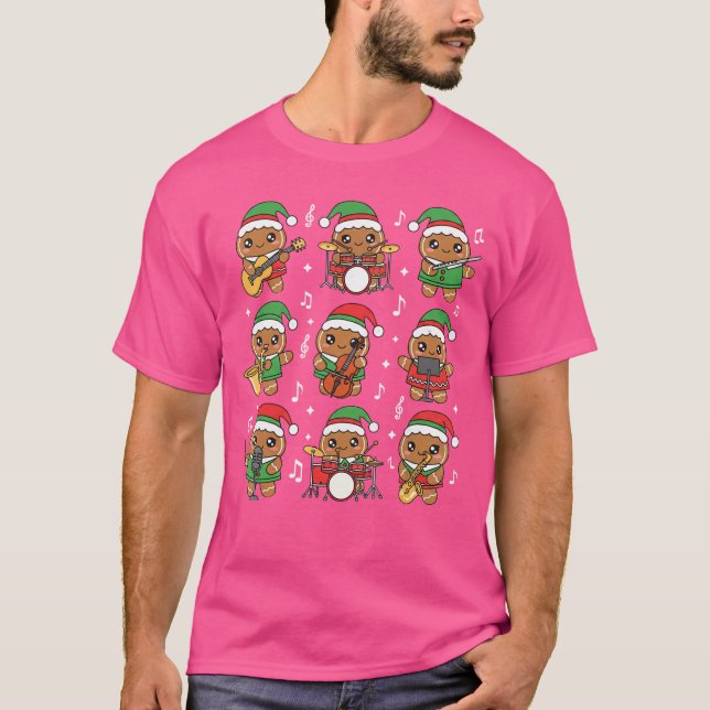 Christmas Musiceacher Gingerbread Playing Musical  T Shirt (Framsida)