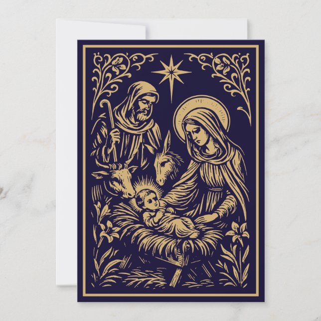 Christmas Nativity in Retro Art Nouveau Woodcut Julkort (Framsida)